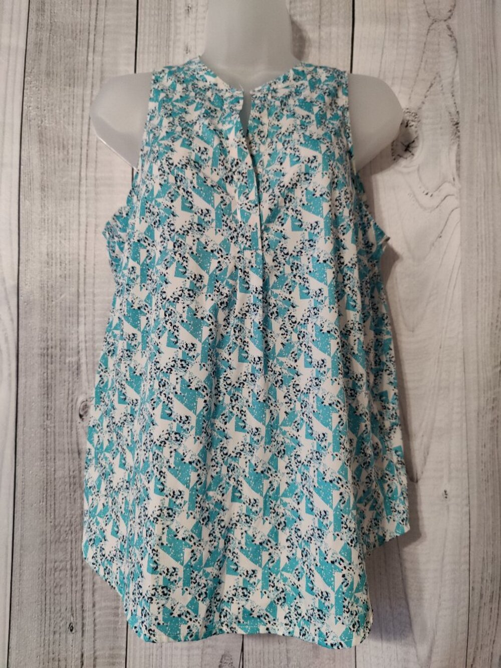 Banana Republic Turquoise Geometric Print Sleeveless Top with Keyhole Neckline